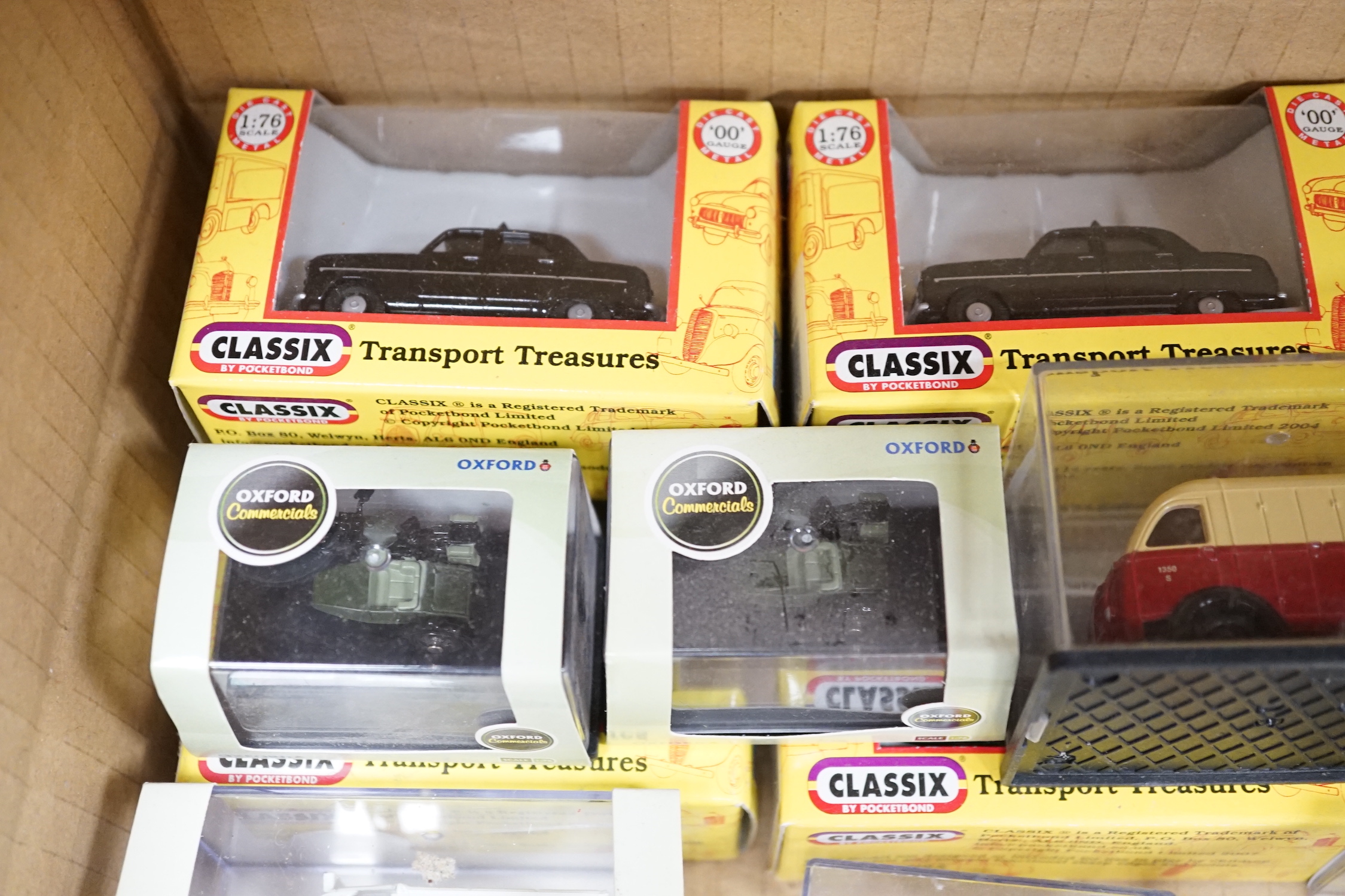 Forty boxed OO and HO gauge 1:76 scale vehicles by Oxford Diecast, Wiking and Classix, including commercial vehicles, cars, farm, vehicles, trailers, etc.